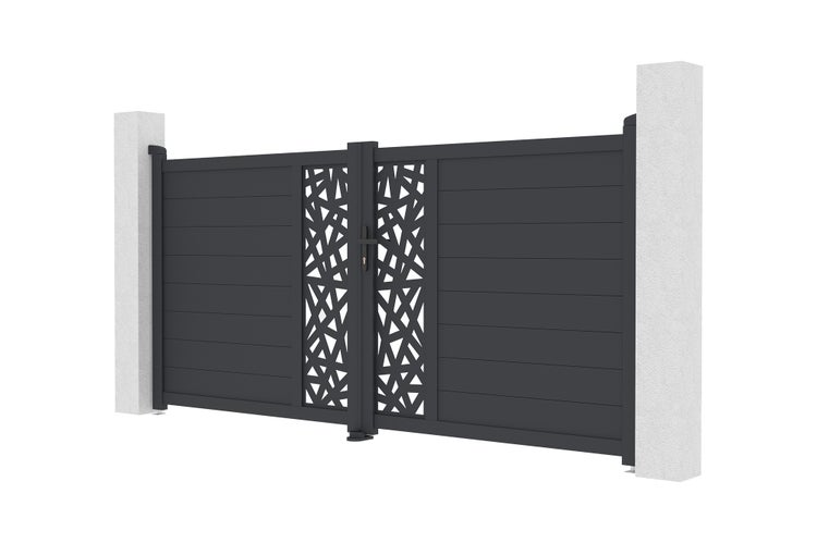 Zweiflügeliges Einfahrtstor aus Aluminium in Anthrazit mit dekorativem Muster und Pfosten.