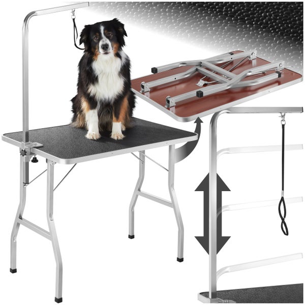 Hundetrimmtisch mit verstellbarem Galgen und Hund