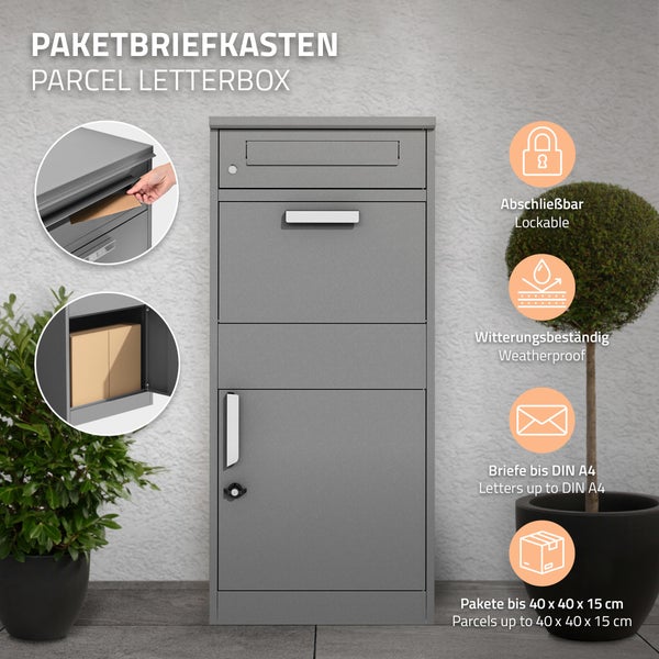 ML-Design Paketbriefkasten aus verzinktem Stahl in Grau, 50x112x37 cm, freistehend, abschließbar, 2 Schlüssel, Standbriefkasten Paketbox Postkasten Paketkasten, für Pakete, Warensendungen, Briefe