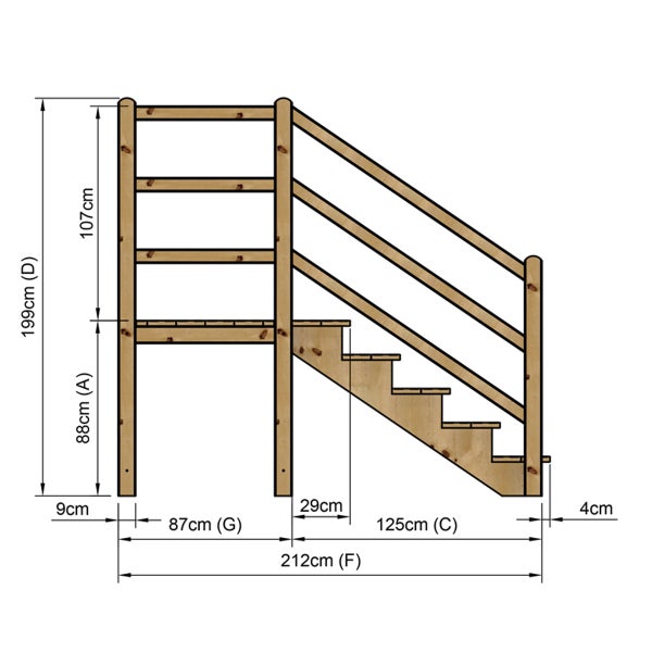 Technische Zeichnung einer Holztreppe mit Maßen.
