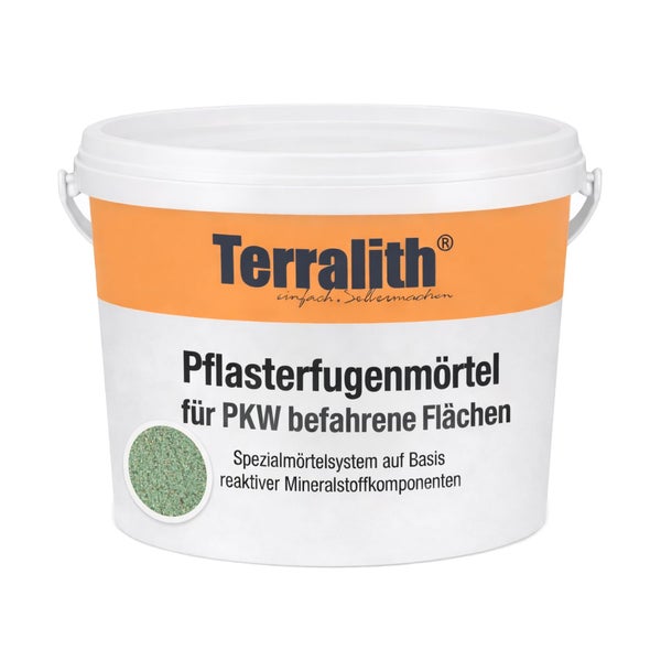 Eimer mit Terralith Pflasterfugenmörtel für PKW befahrene Flächen auf Basis reaktiver Mineralstoffkomponenten