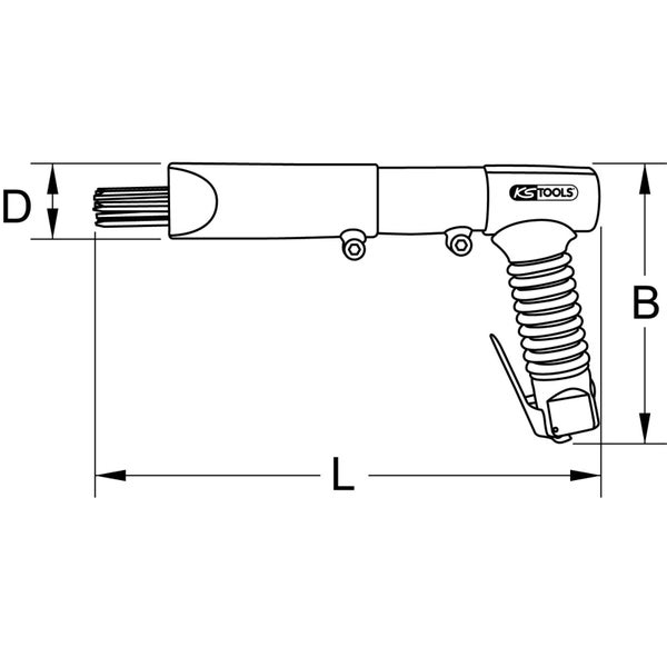 Technische Zeichnung mit Maßangaben eines pneumatischen Nadelentrosters der Marke KS TOOLS Logo
