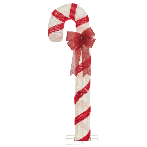Weihnachtsdekoration beleuchtete Zuckerstange mit rot weißen Streifen, roter Schleife und Metallständer.