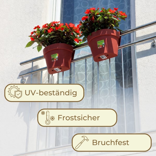 Terrakottafarbener Balkonkasten mit Wasserspeicher für heiße Sommertage, inklusive Bewässerungsgitter, GarPet Logo.