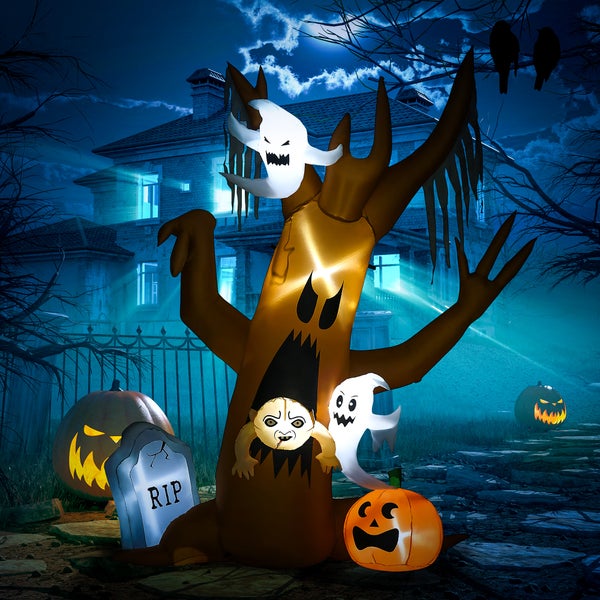 HOMCOM 240 cm Aufblasbarer Geisterbaum mit LED Beleuchtung, für Hof, Party,200L x 90B x 240H cm, Polyester, Braun