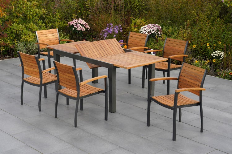 Santorin Gartenmöbelset 7tlg., 6 Stapelsessel, Ausziehtisch 150 (200) x 90 cm
