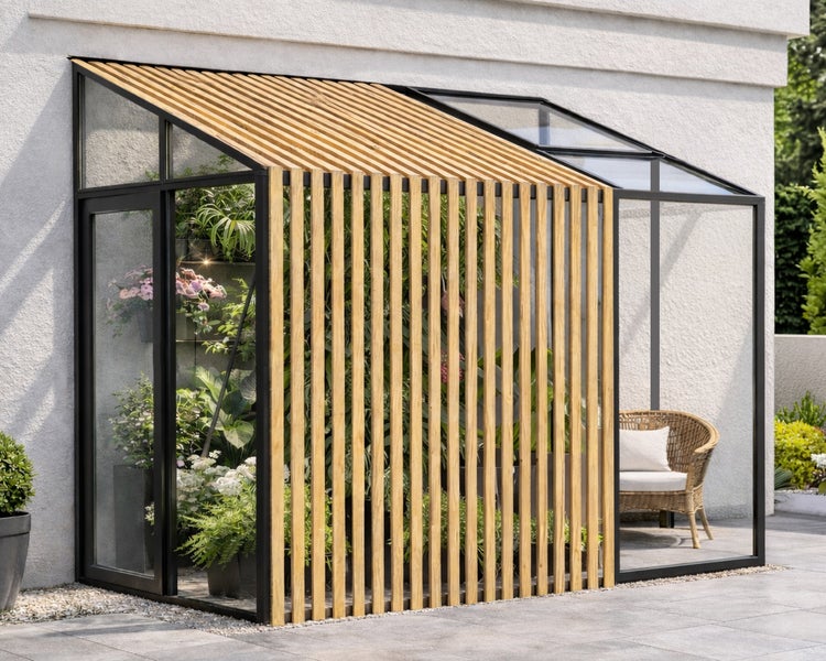 Modernes Anlehngewächshaus mit schwarzem Metallrahmen und Holzlamellen an einer Hauswand, mit Pflanzen und einem Sessel auf einer Terrasse.