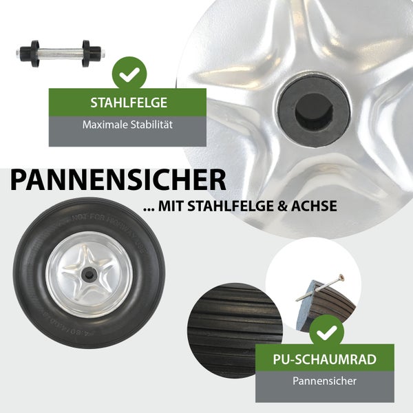 Pannensicheres PU-Schaumrad mit Stahlfelge und Achse fuer Schubkarren, robust und wartungsfrei.