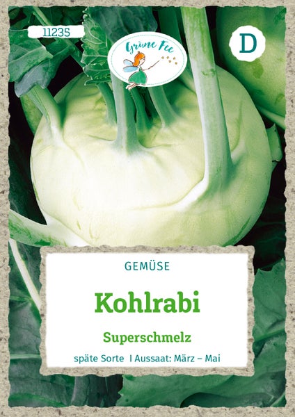 Kohlrabi Samen Superschmelz von Grüne Fee, späte Sorte zur Aussaat von März bis Mai. Grüne Fee Logo.