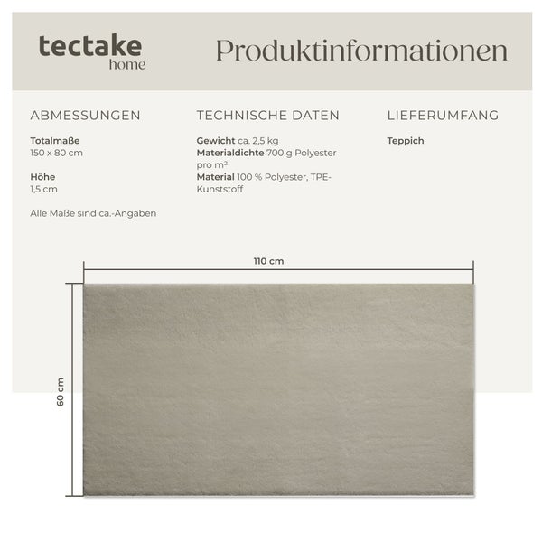 tectake home Logo. Produktinformationen für einen Teppich aus 100 Prozent Polyester. Abmessungen circa 150 mal 80 Zentimeter, Höhe circa 1,5 Zentimeter.