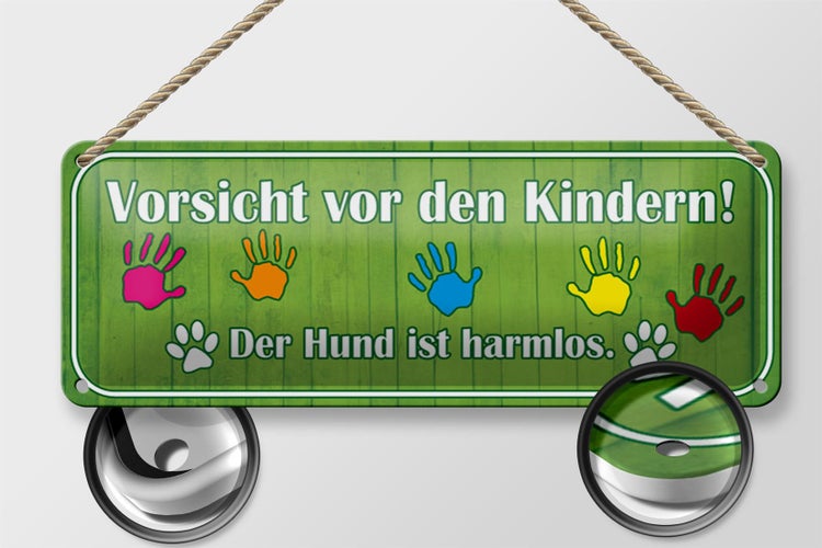 Blechschild Spruch 27x10cm Vorsicht Kinder Hund ist harmlos Dekoration