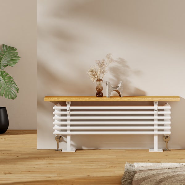 EMKE Designheizkörper mit Holzablage, Heizkörper mit Warmwasserbetrieb, horizontal, 808 Watt, 120 cm x 48 cm, Weiß