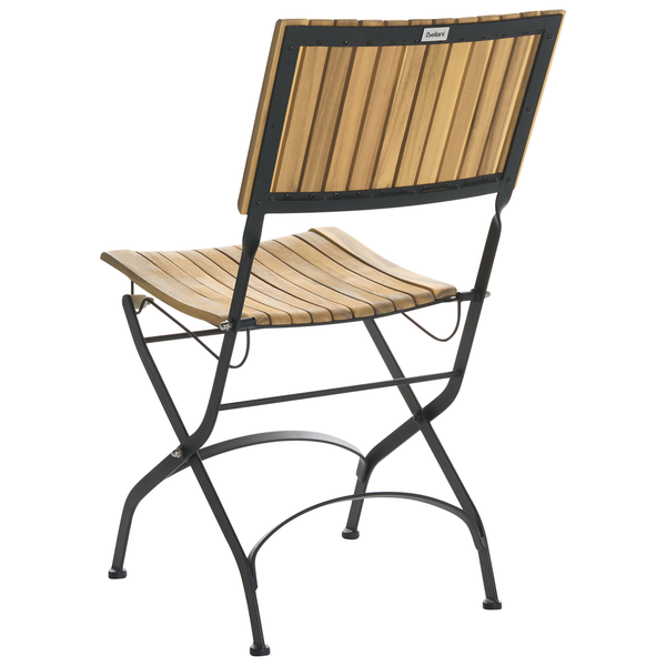 Beliani Klappstuhl für den Garten mit schwarzem Metallgestell und braunen Holzlatten an Sitzfläche und Rückenlehne.