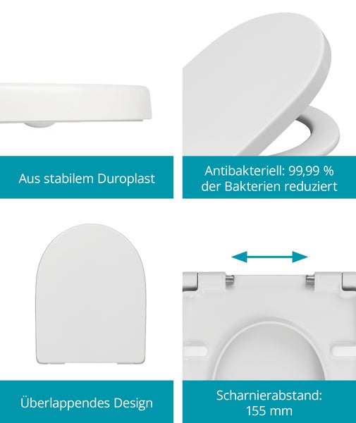 Produktmerkmale eines WC Sitzes aus Duroplast mit antibakterieller Oberfläche, überlappendem Design und einem Scharnierabstand von 155 Millimeter.