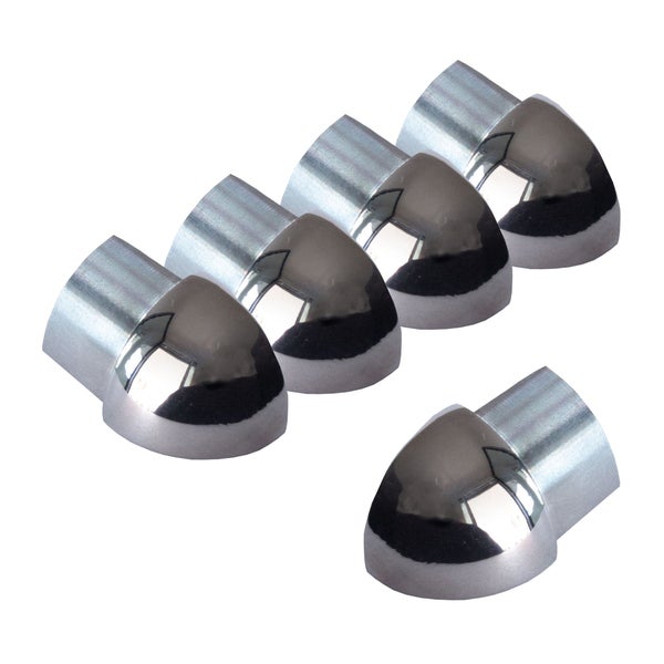 Fünf verchromte Endkappen für Rohre mit abgerundeter Kopfform aus Metall.