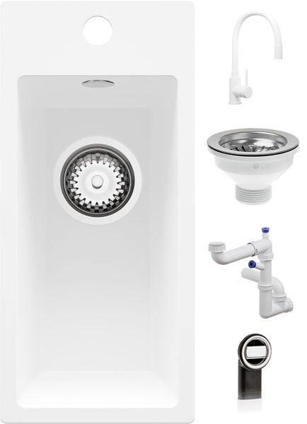Einbauspülen-Set mit Spülbecken, Küchenarmatur, Siphon, Siebkorbventil und Überlaufgarnitur.
