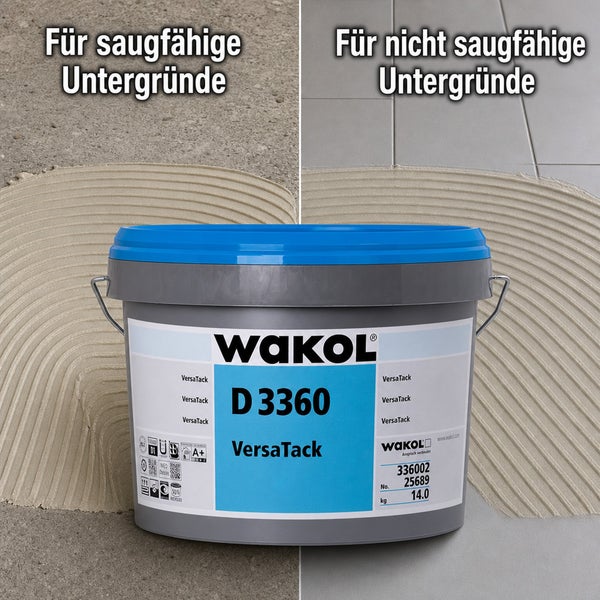 WAKOL D 3360 VersaTack Montageklebstoff im Eimer für saugfähige und nicht saugfähige Untergründe mit aufgetragenem Kleberbett.