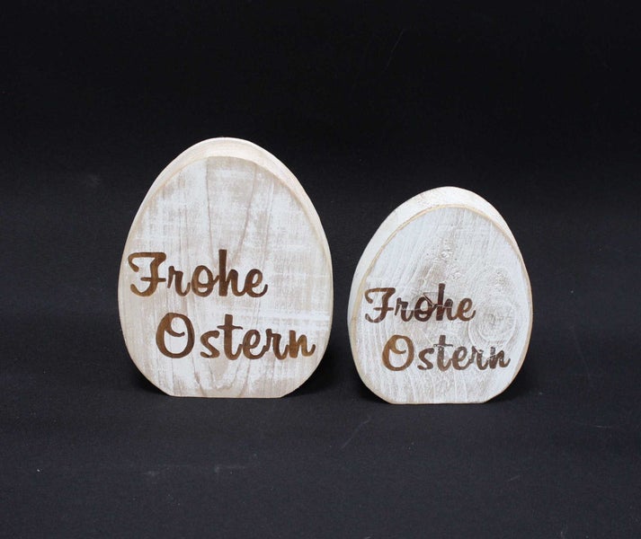 FRANK FLECHTWAREN | Deko-Ei Frohe Ostern, 2er Set, HOLZ, 11 x 2,5 x 14 cm, 13 x 2,5 x 16,5 cm
