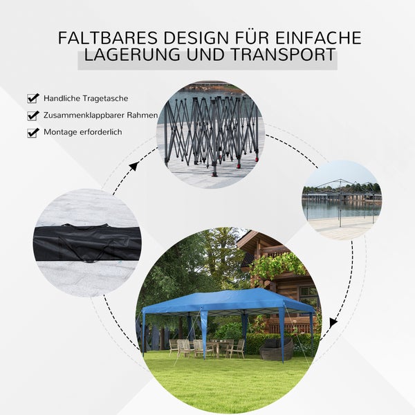 Outsunny Faltpavillon Pop-up Pavillon ca. 6 x 3m Gartenzelt höhenverstellbar UV-schutz mit Tasche Stahl-Verstrebungen, Oxford, Blau
