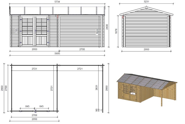 Gartenhaus, Gerätehaus 18,52m2 - 5,70x2,95m - 24mm - Imprägniert