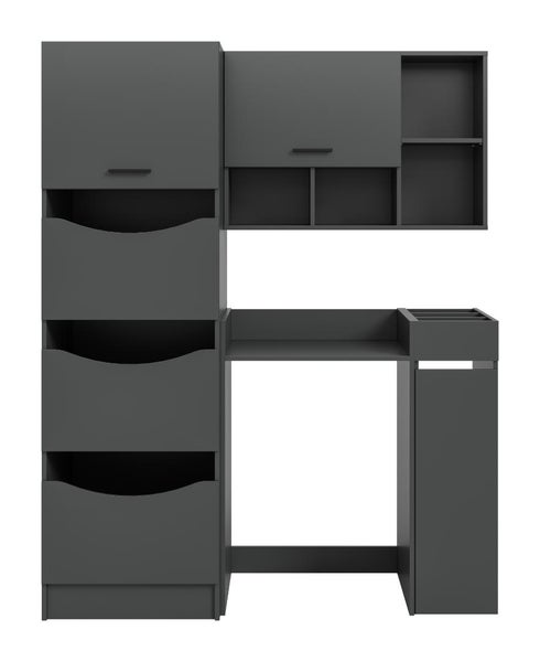 Moderne Schreibtischkombination aus Holzwerkstoff mit integriertem Regal und Schubladen zur praktischen Arbeitsplatzorganisation.
