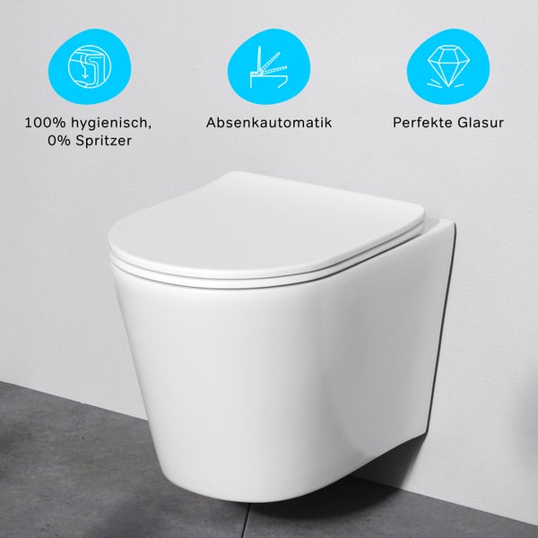 Wandhängendes WC mit Absenkautomatik und perfekter Glasur für höchste Hygiene.