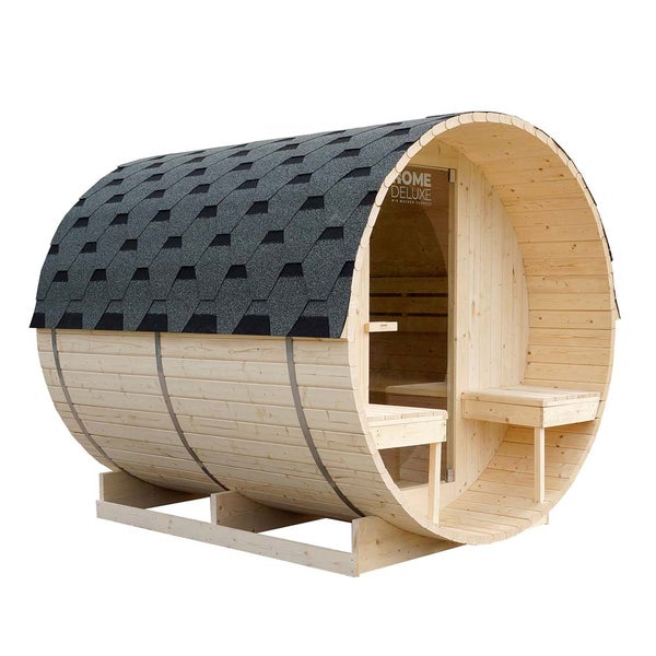 Home Deluxe - Outdoor Fasssauna LAHTI DELUXE L - Maße: ca. 195 cm x 192 cm x 220 cm, Holz: Fichtenholz - inkl. Saunaofen und Saunazubehör I Gartensauna, Außensauna, Sauna Fass für 4 Personen