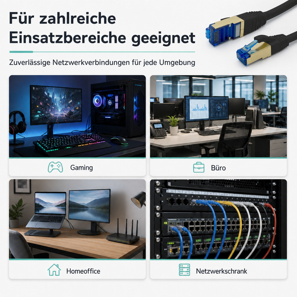 Anwendungsbereiche für Netzwerkkabel: Gaming-Setup, Büro, Homeoffice mit Router und ein Netzwerkschrank mit Switches.