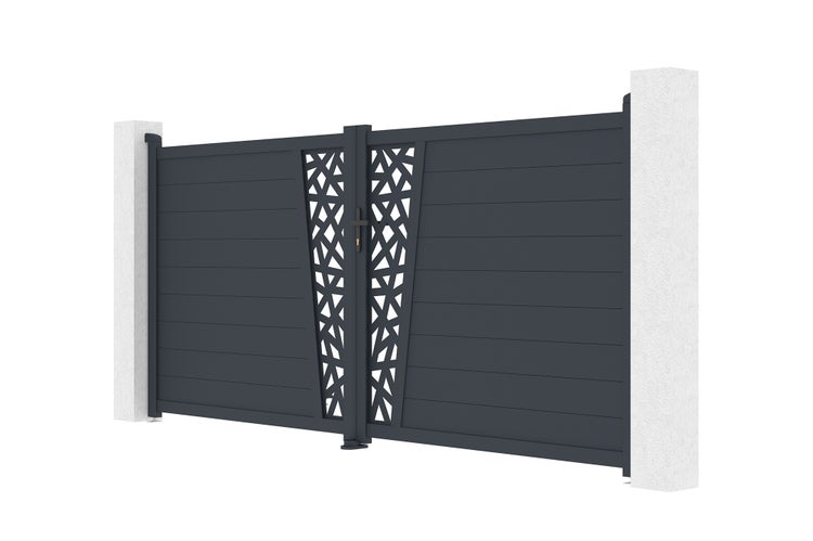 Zweiflügeliges Einfahrtstor aus Aluminium in Anthrazit mit dekorativem Muster und horizontalen Lamellen.