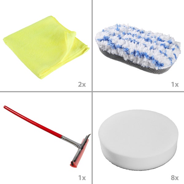 Fensterreinigungsset mit zwei Mikrofasertüchern, Schwamm, Fensterwischer und acht Reinigungspads