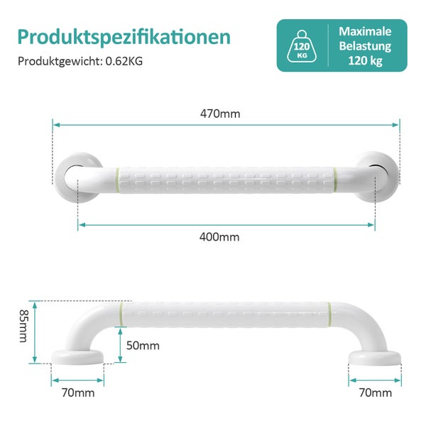 Produktspezifikationen für einen Haltegriff mit Maßen: Länge 470 Millimeter, Montageabstand 400 Millimeter, maximale Belastung 120 Kilogramm.