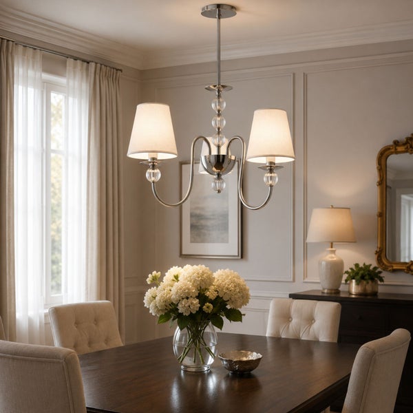 Klassischer Kronleuchter mit drei Textilschirmen über einem dunklen Esstisch in einem eleganten Esszimmer mit Blumenstrauß.