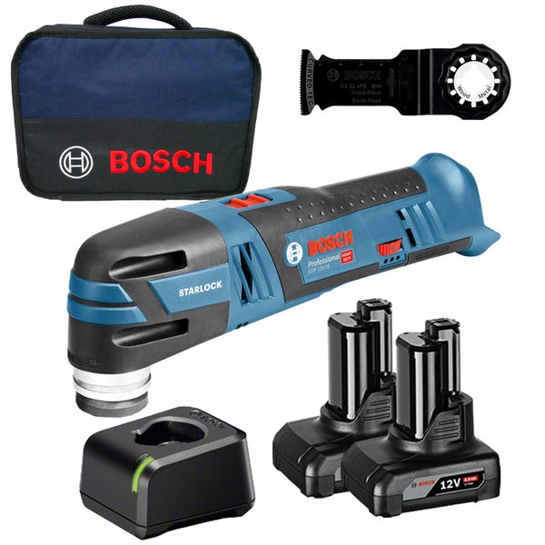 Bosch Akku-Multifunktionswerkzeug Set mit Zubehör, zwei Akkus und Ladegerät