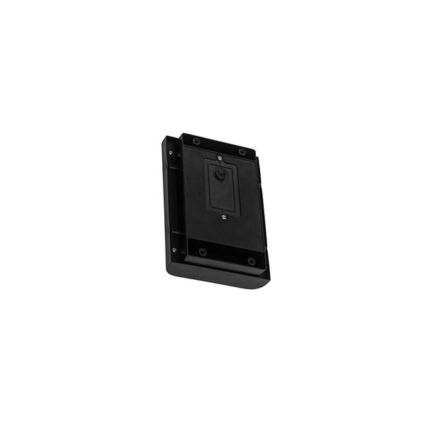 Schwarze Montageplatte aus Kunststoff für elektronische Geräte mit Schraublöchern.