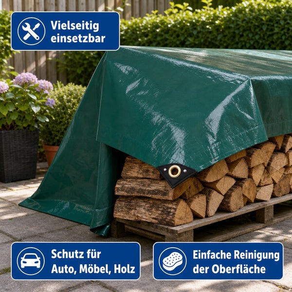 Abdeckplane mit Ösen zur vielseitigen Verwendung als Schutz für Holz, Gartenmöbel oder Autos mit einfacher Reinigung.