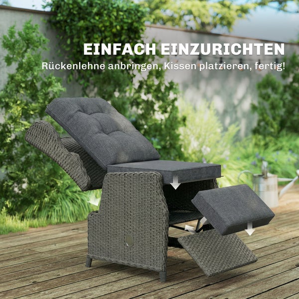 Garten-Relaxsessel aus grauem Kunststoffgeflecht mit Polstern, einfache Montage von Rückenlehne und Kissen auf einer Holzterrasse.
