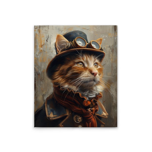 Gemälde einer Katze im Steampunk-Stil mit Hut, Brille und Schal