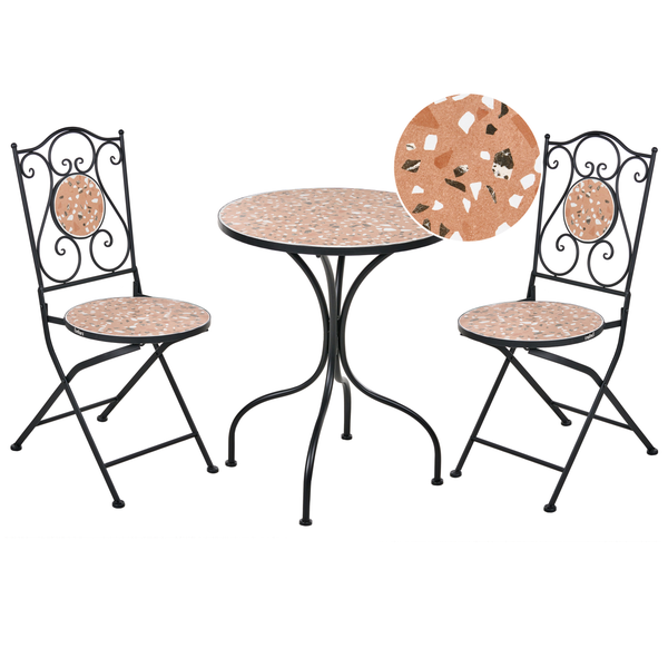 Gartentischgruppe mit zwei Klappstühlen und Tisch mit Terrazzo-Muster