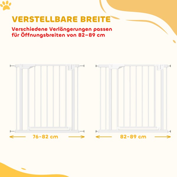 Weißes Türschutzgitter aus Metall, verstellbare Breite von 76 bis 82 Zentimeter und 82 bis 89 Zentimeter durch Verlängerungen.