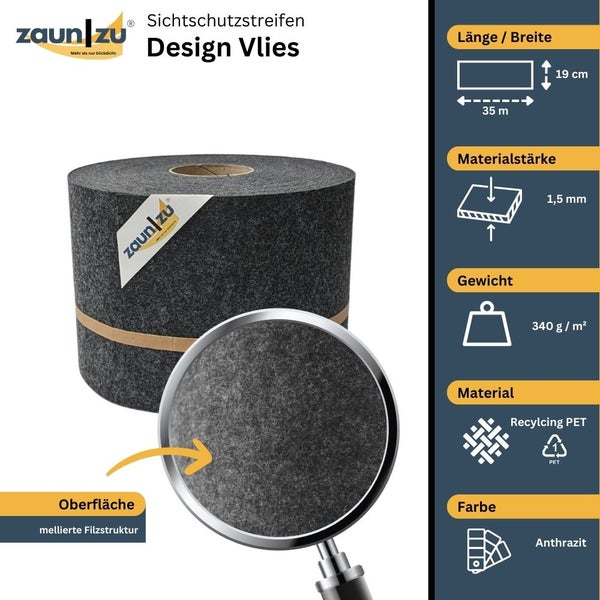 Zaun zu Sichtschutzstreifen Designvlies Anthrazit, 35 Meter Rolle