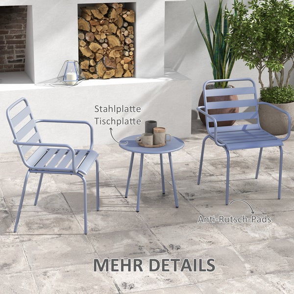 Outsunny 3tlg. Gartenmöbel-Set, mit 1 Couchtisch, 2 Stapelbaren Stühlen, für Balkon, Terrasse, 51L x 58B x 78H cm, Stahl, Hellgrau
