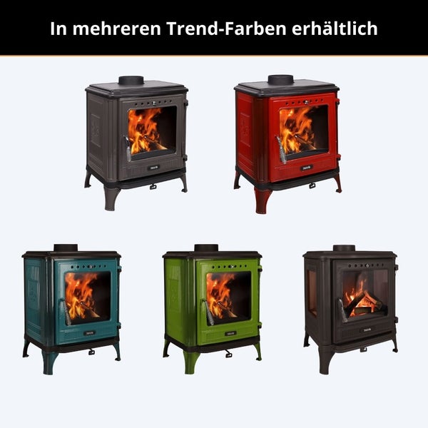 Kaminofen in verschiedenen Trend-Farben mit Sichtscheibe und brennendem Holzfeuer.