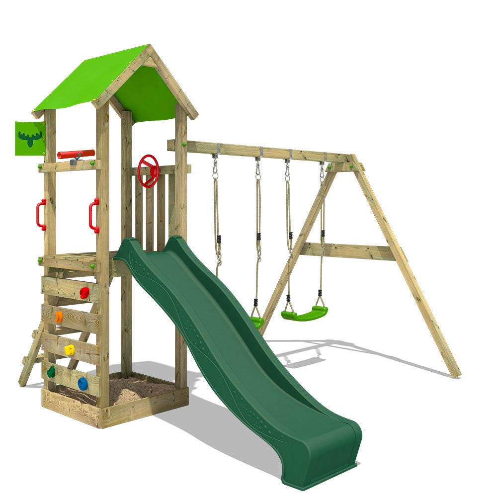 FATMOOSE Spielturm KiwiKey mit Schaukel und grüner Rutsche mit Sandkasten, Leiter und Spiel-Zubehör