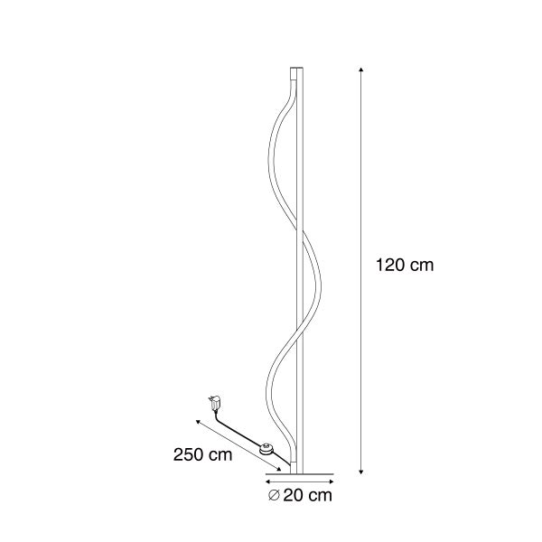 Technische Zeichnung einer 120 Zentimeter hohen Stehlampe mit einem Fußdurchmesser von 20 Zentimetern und einem 250 Zentimeter langen Kabel