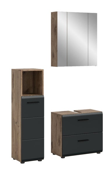 Badezimmermöbel-Set bestehend aus Spiegelschrank, Hochschrank und Waschbeckenunterschrank in Eiche-Optik mit anthrazitfarbenen Fronten.
