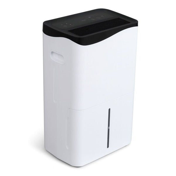 Elektrischer Luftentfeuchter in Weiß für Innenräume mit digitalem Bedienfeld und Wasserstandsanzeige.