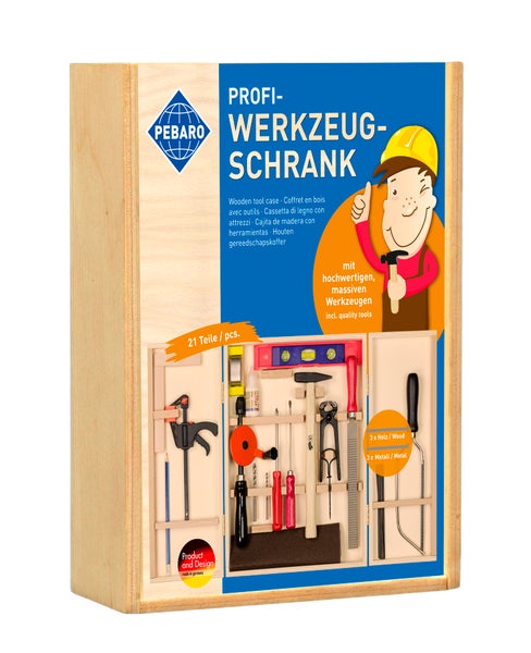 Pebaro Profi Werkzeugschrank aus Holz mit 21 teiligem Werkzeugset für Kinder