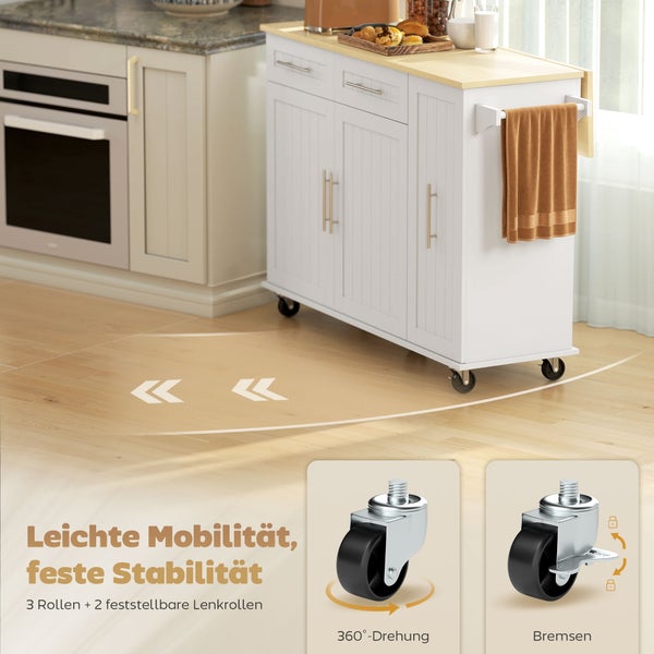 Küchenwagen auf Rollen in einer Küche. Ausgestattet mit 360 Grad drehbaren Rollen und Bremsen. Mit Arbeitsplatte und Stauraum.