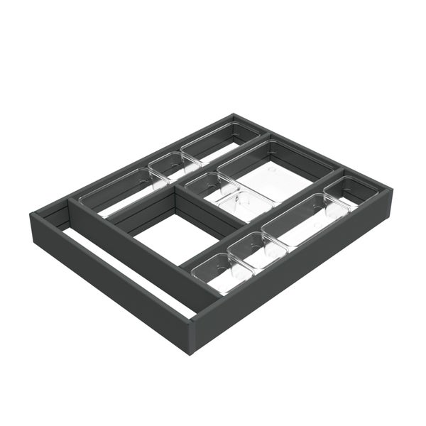 Modularer Schubladen-Organizer mit anthrazitfarbenem Rahmen und transparenten Einsätzen für die Küchenorganisation.
