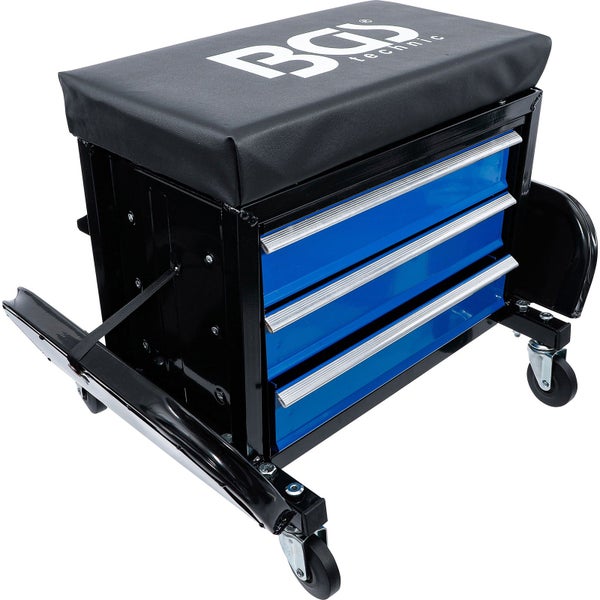 Werkstatthocker mit drei Schubladen und Rollen